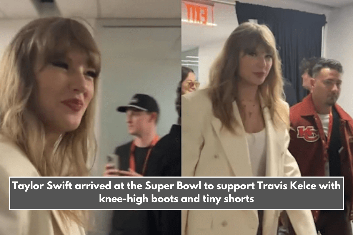 Taylor Swift arrived at the Super Bowl to support Travis Kelce with knee-high boots and tiny shorts